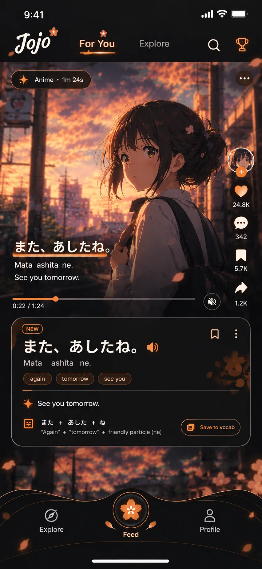 Jojo Amber theme — Explore, Feed, and Vocab.