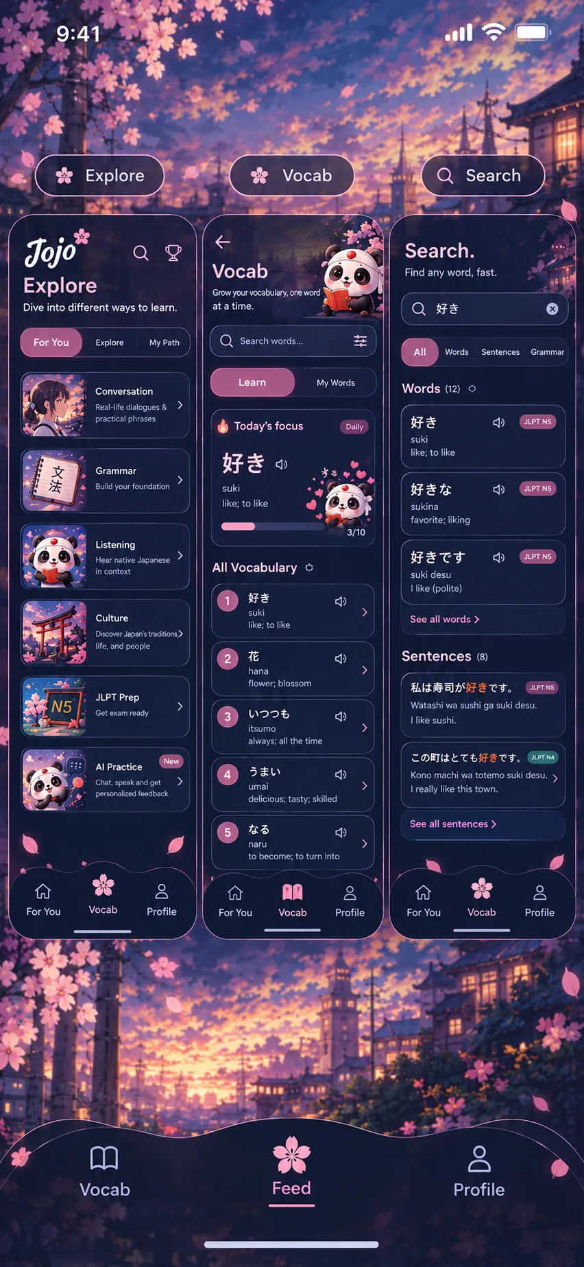 Jojo Sakura theme — Explore, Feed, and Vocab.