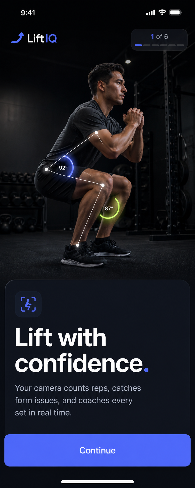 LiftIQ onboarding screen showing camera-based squat rep counting and form coaching